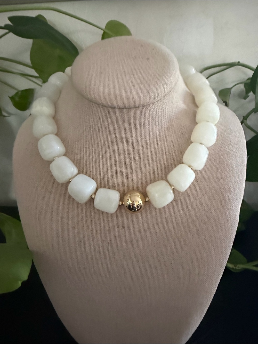 Vintage Chunky Square Marbled White Lucite Beads & Gold Beaded Necklace